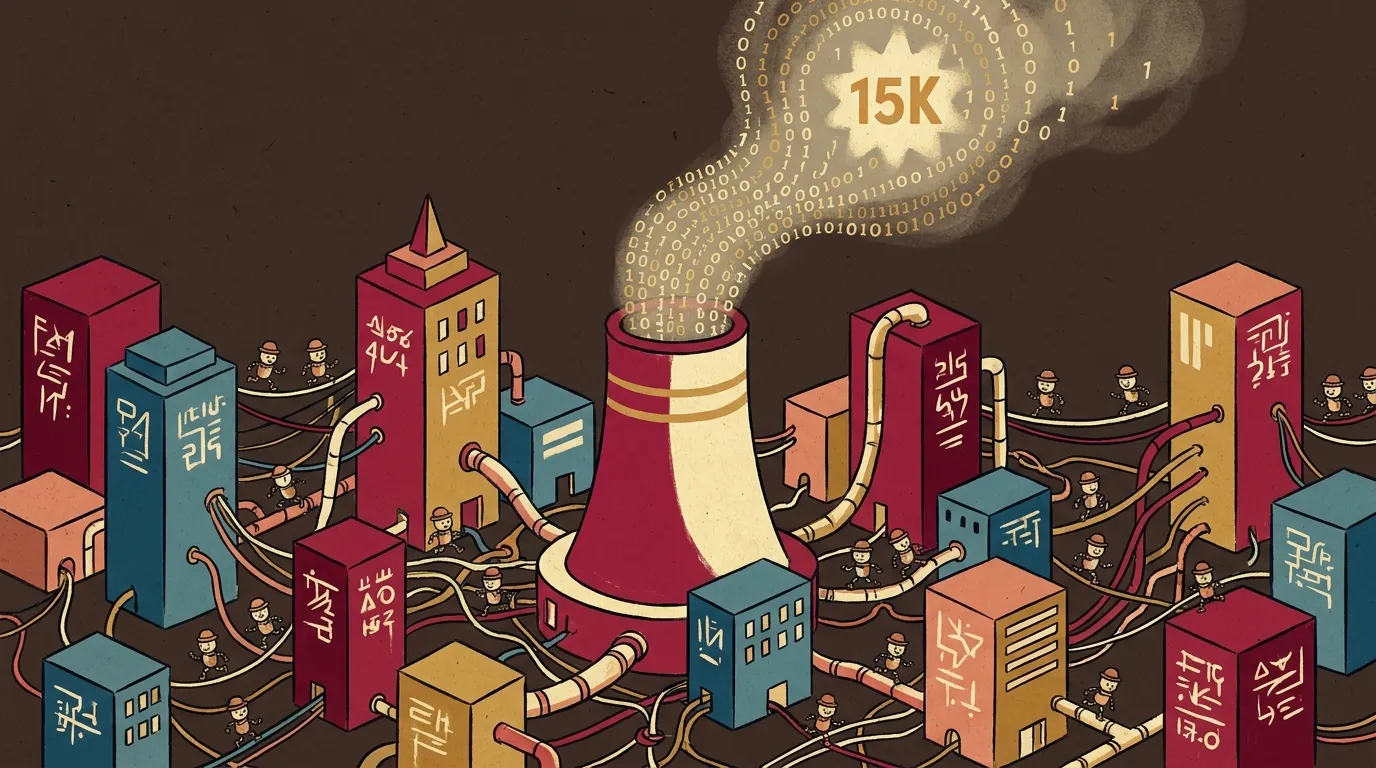 Une ville miniature chaotique d'agents identiques courant entre des bâtiments reliés par des fils, smokestack central crachant du code binaire avec '15K' flottant dans la fumée